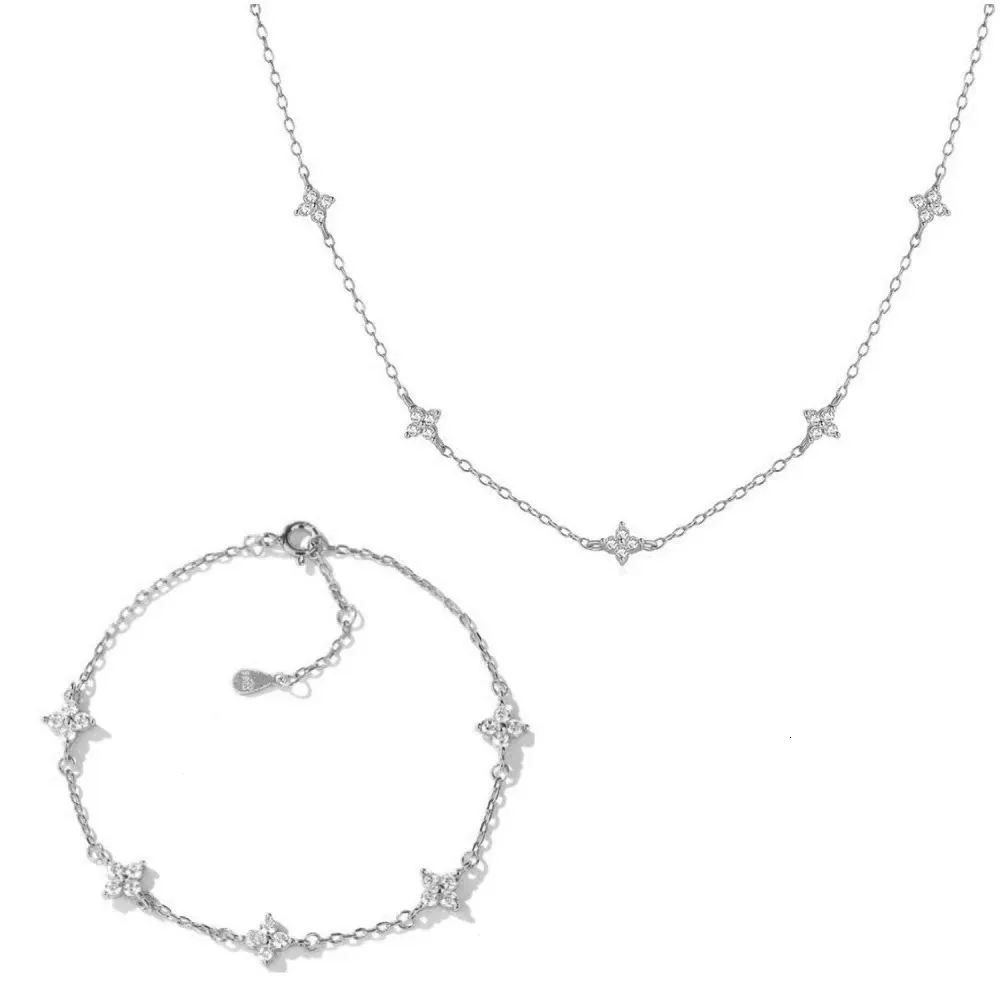 CCFJOYAS 100% Sterling Sier Piccolo Fresco Cinque Fiori Zircone Collana Bracciale Semplice Stile Coreano Gypsophila Gioielli Set_voghion.com