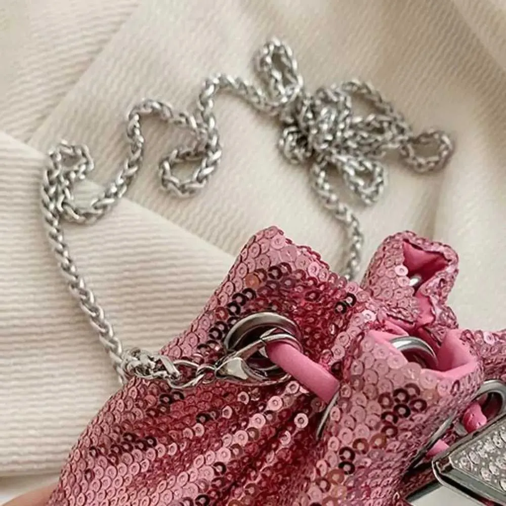 Portable Rhie Glitter Bucket Sequin Crossbody Mobile Phone Bag Mini Chain Coin Purse GirlsC241217_voghion.com