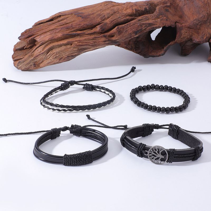 Heißer Lebensbaum Anzug Vintage Leder Perlen DIY Vierteiliges Herrenarmband_voghion.com