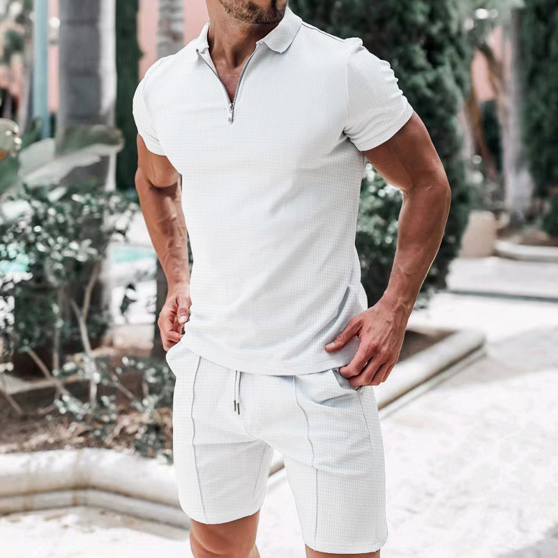 Herren Polo Shirt Set Kurzarm Sommer Freizeit Outfit Waffeloptik_voghion.com