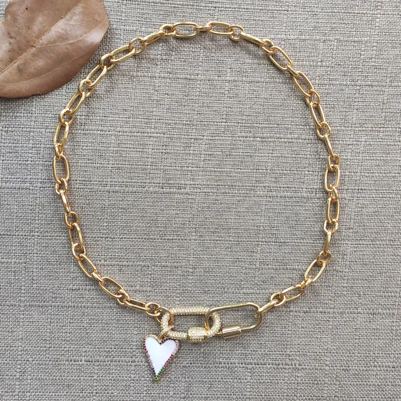 Collane con ciondolo Moda Cuore bianco Collana Catena color oro massiccio per donne Stile hip-hop Choker apribile Moschettone_voghion.com