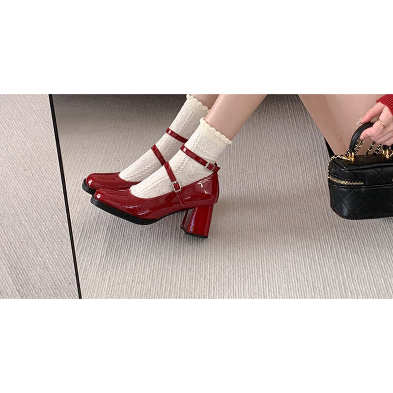 Red Square Toe Chunky Heel Dress Ultra Heeled Mary-Jay Siegel Shoes_voghion.com