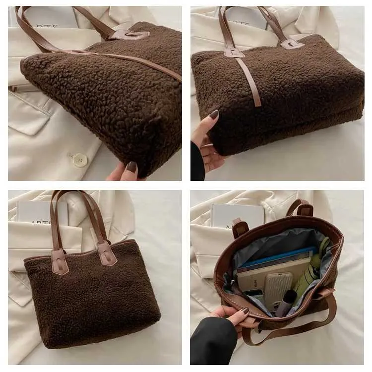 Sac à main en peluche à la mode de grande capacité pour femme, sac à bandoulière polyvalent de couleur unie, décontracté et chaud Y241216_voghion.com
