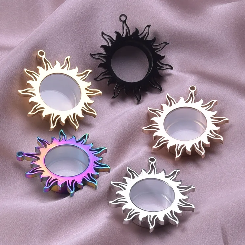 Collane con ciondolo 1 pezzo in acciaio inox Boho Sole galleggiante Medaglione con immagine vivente spesso rotondo Urna commemorativa per ceneri Relicario_voghion.com