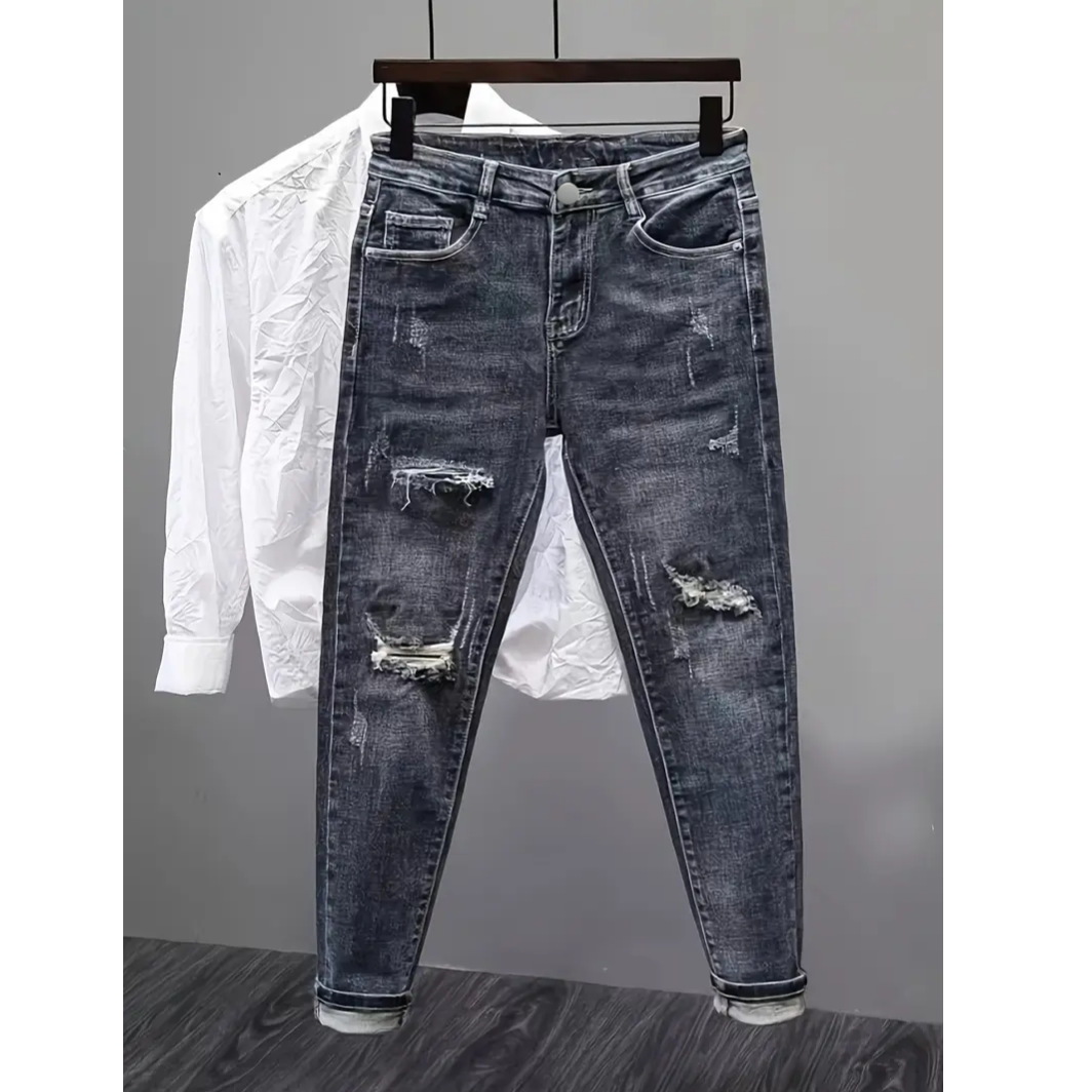 ​Men’s Distressed Denim Jeans – Stone-Washed Slim Fit With Medium Stretch | Vintage Blue-Grey Straight Leg Streetwear Pants (M-3XL)​