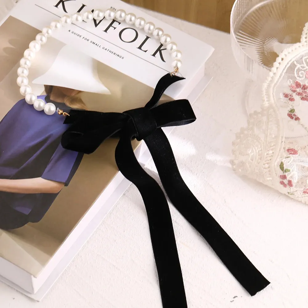 Samt-halsband Mit Schleife Und Perlenanhänger Gothic Punk_voghion.com