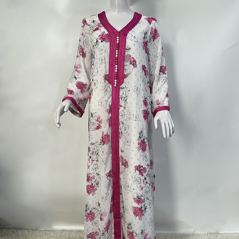 Abbigliamento donna Moda Medio Oriente Nuovo Oro Seta Chiffon Stampa a inchiostro Abito Donna Abaya Stile etnico Arabo Dubai Abito_voghion.com