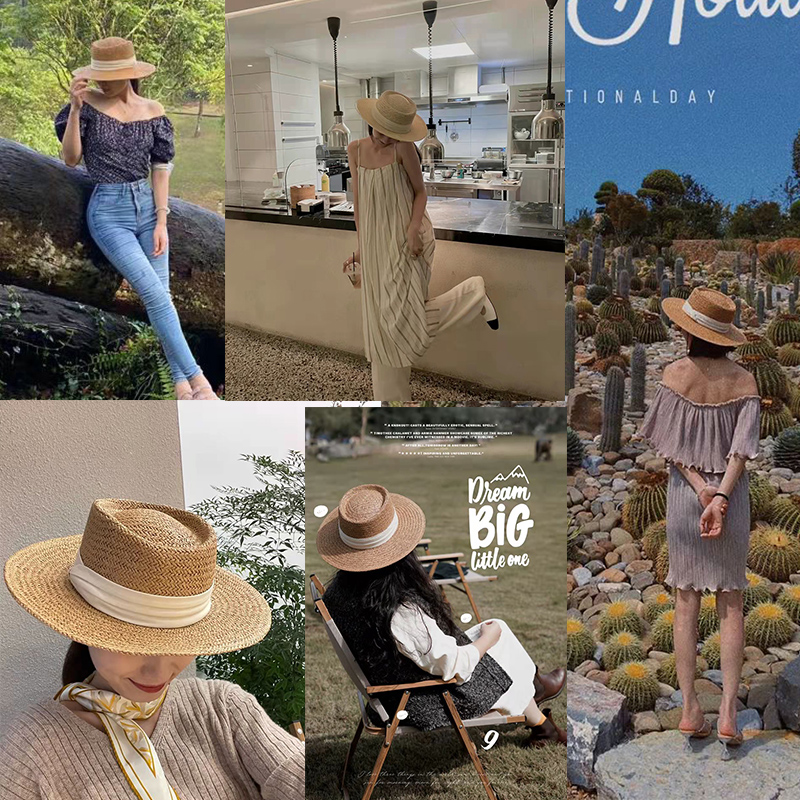 Lafite da donna, cappello da pescatore estivo con protezione solare flat top, foto da spiaggia, cappello in paglia intrecciata_voghion.com