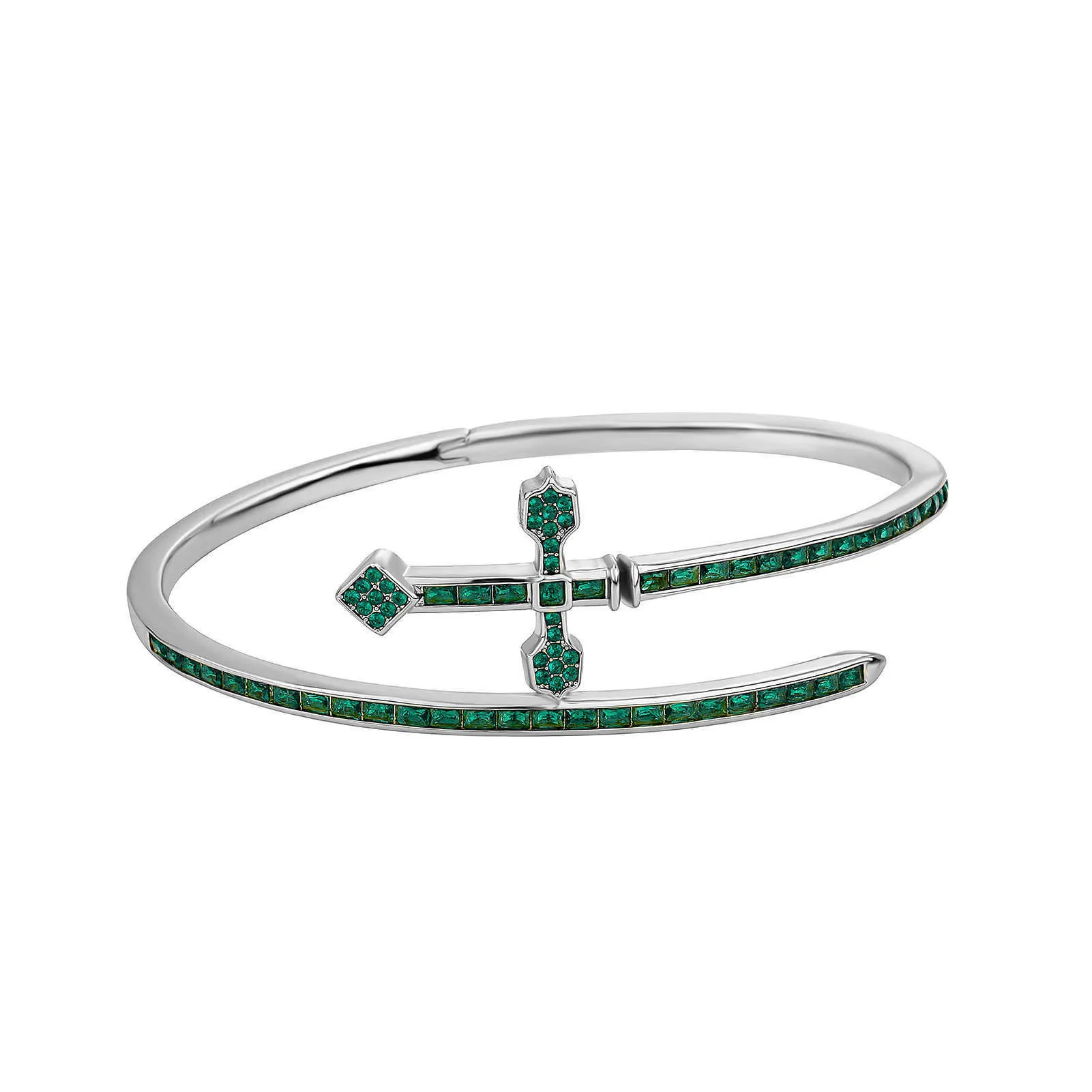 Sword Of Justice Symble Open Cuff Bangle Bracelet Ins Hip Hop Cross Green Purple Color AAA CZ Stone Shiny Cubic Zirconia_voghion.com