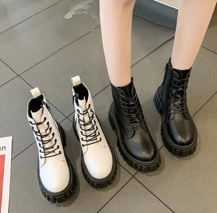 Mit Schnürsenkeln Biker Elegante Medium Heels Kurze Schuhe für Frau Combat Plateau Weiße Booties Schuhe Chunky Wasserdicht_voghion.com