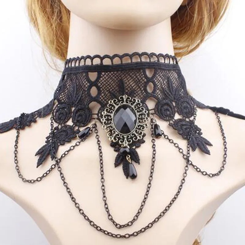 Collane con ciondolo Halloween Clavicola Catena Bella Cristallo Nero Pizzo Collo Collana Collare Per Ragazza_voghion.com