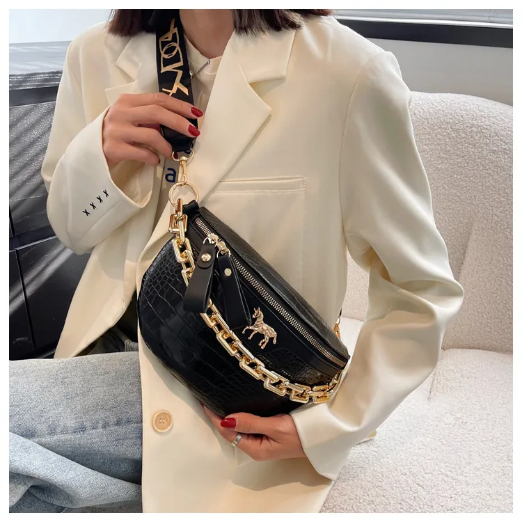 Thick Chain Women's Waist Fanny Pack Fashion Crossbody Chest Bags Female Belt Crocodile Shoulder Bag_voghion.com