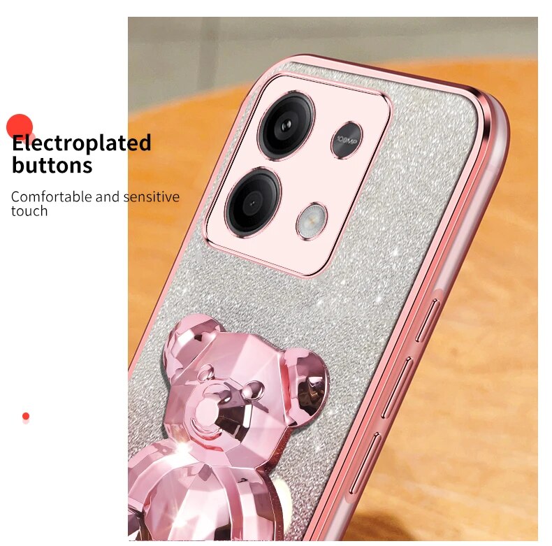 note13 pro Glitter Plating Bear Holder Case On For Xiaomi Redmi Note Pro note13pro redmi 13C 4G 5G Stand Cover note 13_voghion.com