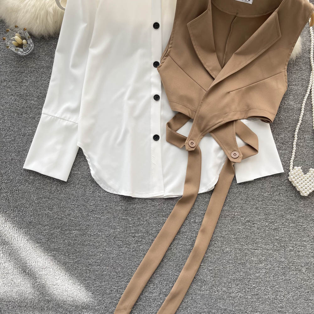 Ženska oblačila Ženska dvodelna obleka za ženske v jeseni, modna in elegantna, večplastna kratka majica brez rokavov, bela srajca z dolgimi rokavi_voghion.com