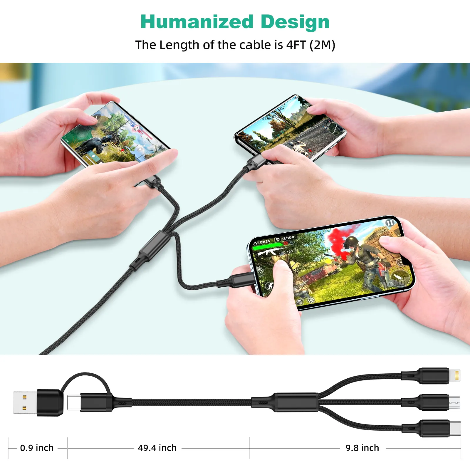 Câble 3 en 1 multiport USB type C 2025 pour téléphone portable, compatible avec iPhone 14, 13, 12 et Huawei_voghion.com