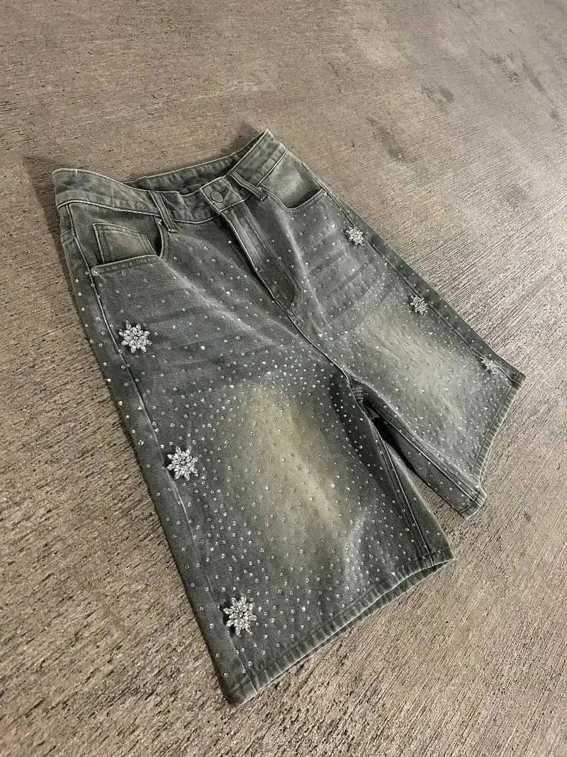 Vintage Astro Snowflake Rhinestone Denim Zwarte Baggy Gym Y2K Jeans Heren Dames Haruku Hip Hop Lage Taille Shorts X250403_voghion.com