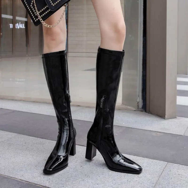 Knee Boots Zipper Thick High Heel Shoes Women Square Toe Winter Warm Long Boot Leather Party Footwear Size 34-39_voghion.com