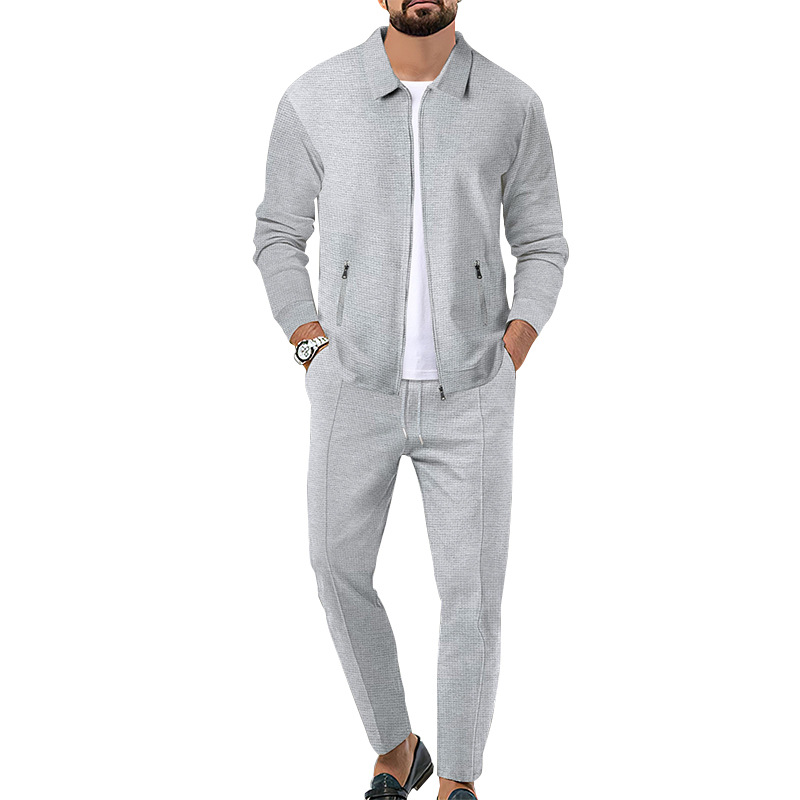 2024 mantel Herbst Jugend Waffel Zip Tasche Flip Kragen Slim Fit Strickjacke männer Jacke Set_voghion.com