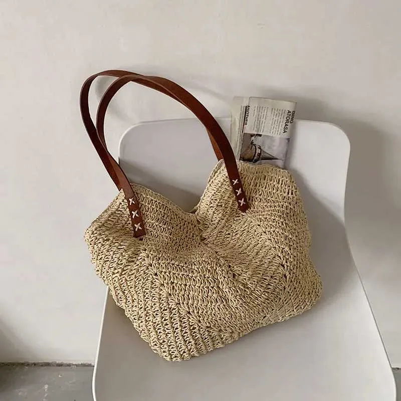 Summer grass woven shoulder bag Latan Beach large capacity handmade vacation travel shopping handbag Y241011_voghion.com