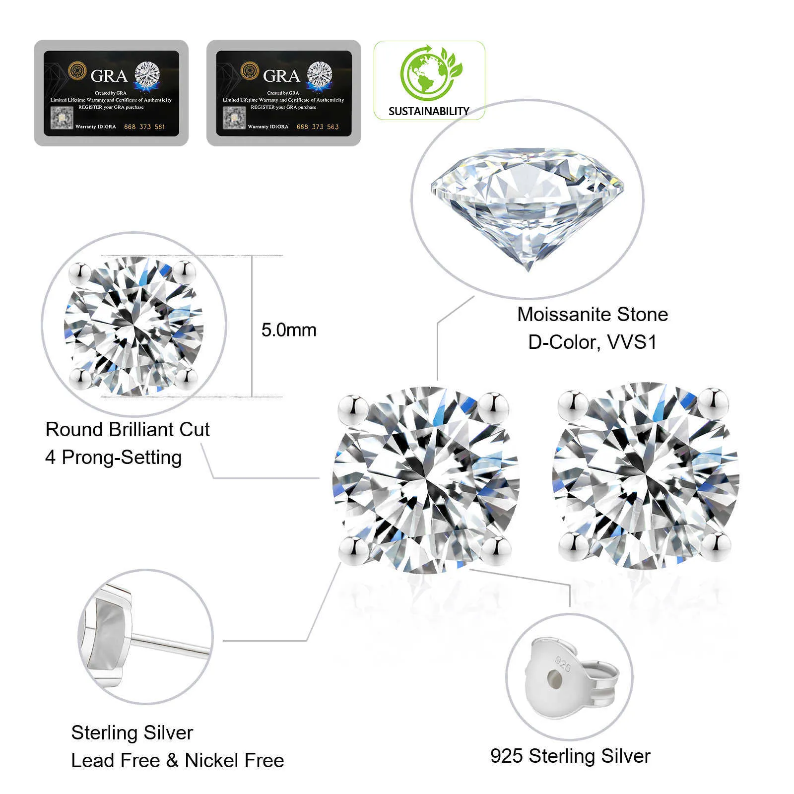 Orecchini a bottone Moissanite Ragazze Sterling Sier Taglio Rotondo Diamante di Laboratorio Mossanite Donna Uomo Orecchini a bottone Placcati in Oro Bianco_voghion.com