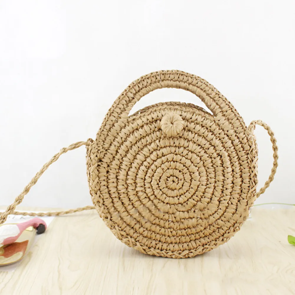 Borsa a tracolla rotonda intrecciata da donna con manico superiore, borsa estiva alla moda, casual, semplice ed elegante, da festa, fatta a mano, in paglia._voghion.com