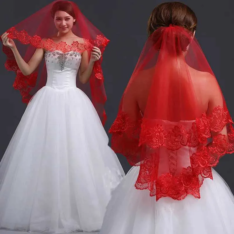 Haarsieraden Klassieke Rode Bruids Bruiloft Eenvoudige Lange Kanten Sluier Hoofddeksel Voor Vrouwen_voghion.com