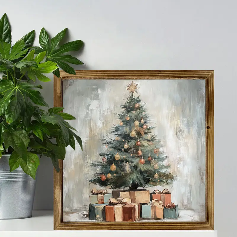 Semn rustic din lemn cu model de brad de Crăciun de 20x20 cm - Artă murală vintage cu design rustic pentru casă/birou, ușoară și lustruită, cadou de decor pentru birou de sărbători_voghion.com