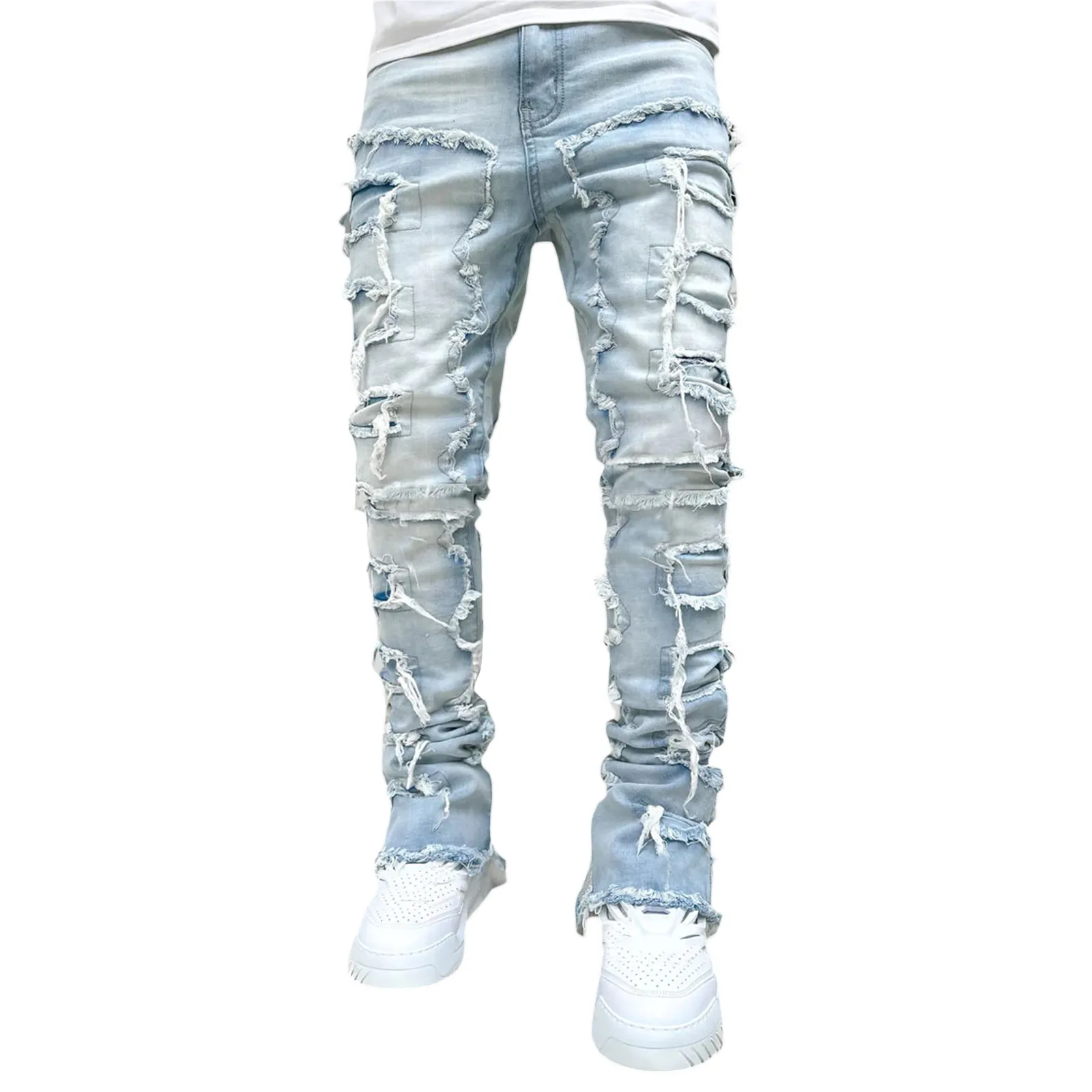 Men's Jeans Regular Fit Stacked Patch Distressed Destroyed Straight Denim Pants Streetwear Clothes Casual Jean_mkmklike.com