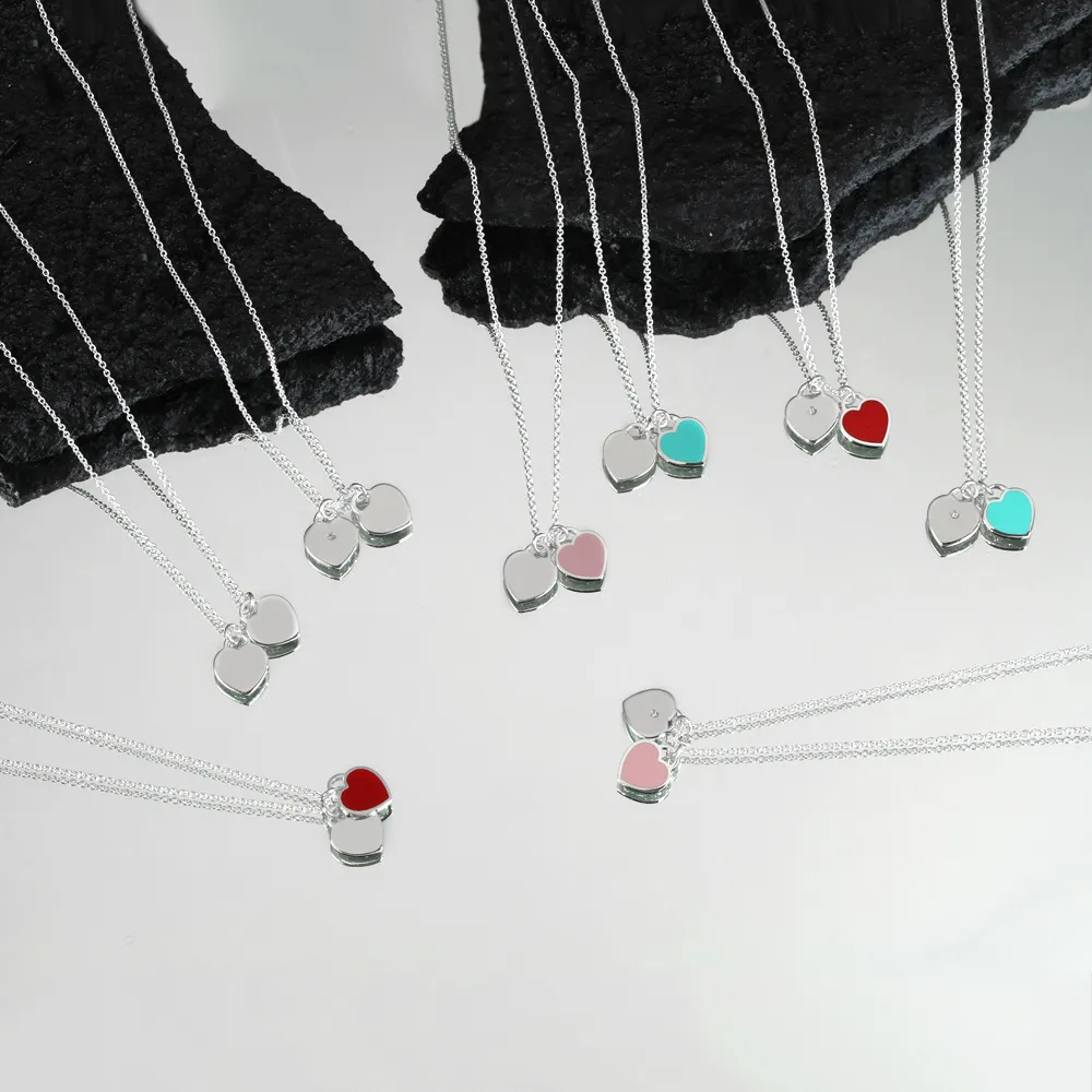 S Sier Love Double Pink Heart Designer Pendant Necklace for Women Girls Cross Link Chain Choker Lovely Cute Necklaces_voghion.com