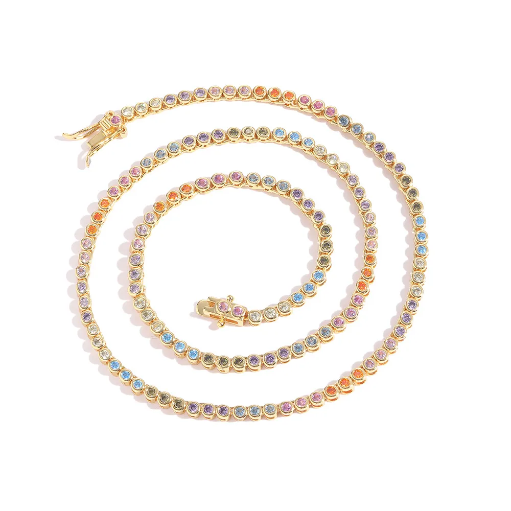 Cadenas de 2 mm con forma de bola circular de colores, cadena de circonitas con brillantes, collar de latón con efecto helado, joyería de moda de hip hop BN107_voghion.com