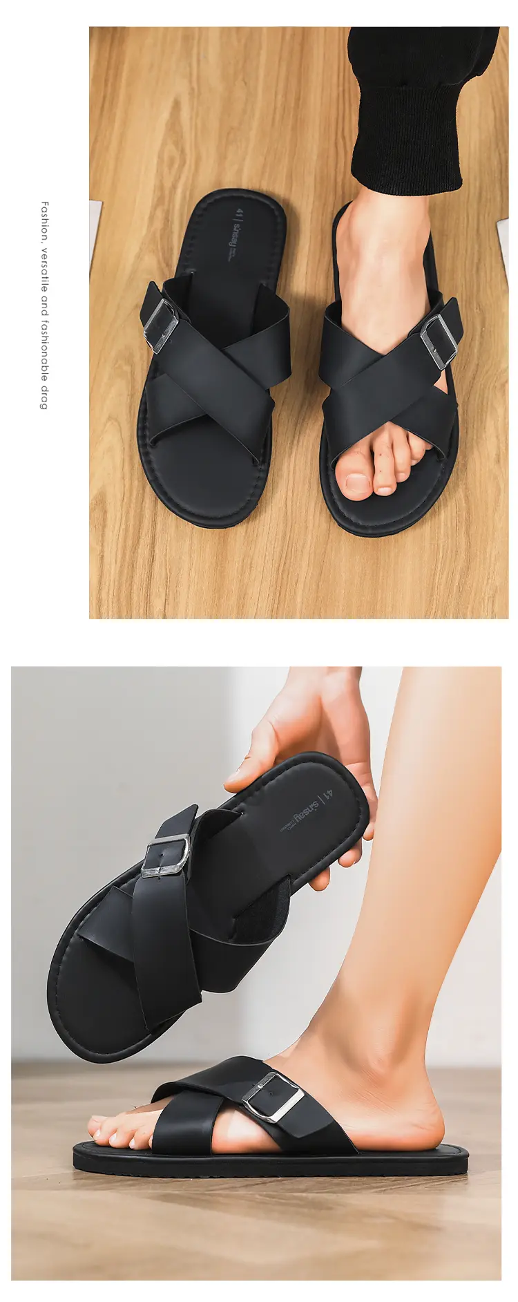 Men's Black Slide Sandals With Adjustable Buckle And Soft Sole_voghion.com