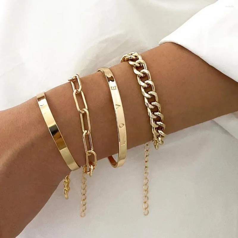 top-level Charm Bracelets 4 Pcs Bangle Set For Women Trendy Dainty Paperclip/Cuban/Figaro/Open Chain Link Stack Bracelet_voghion.com