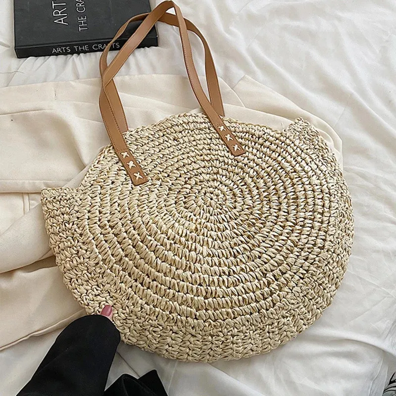 Damen Stroh Schultertasche Für Den Strand Große Handtasche_voghion.com
