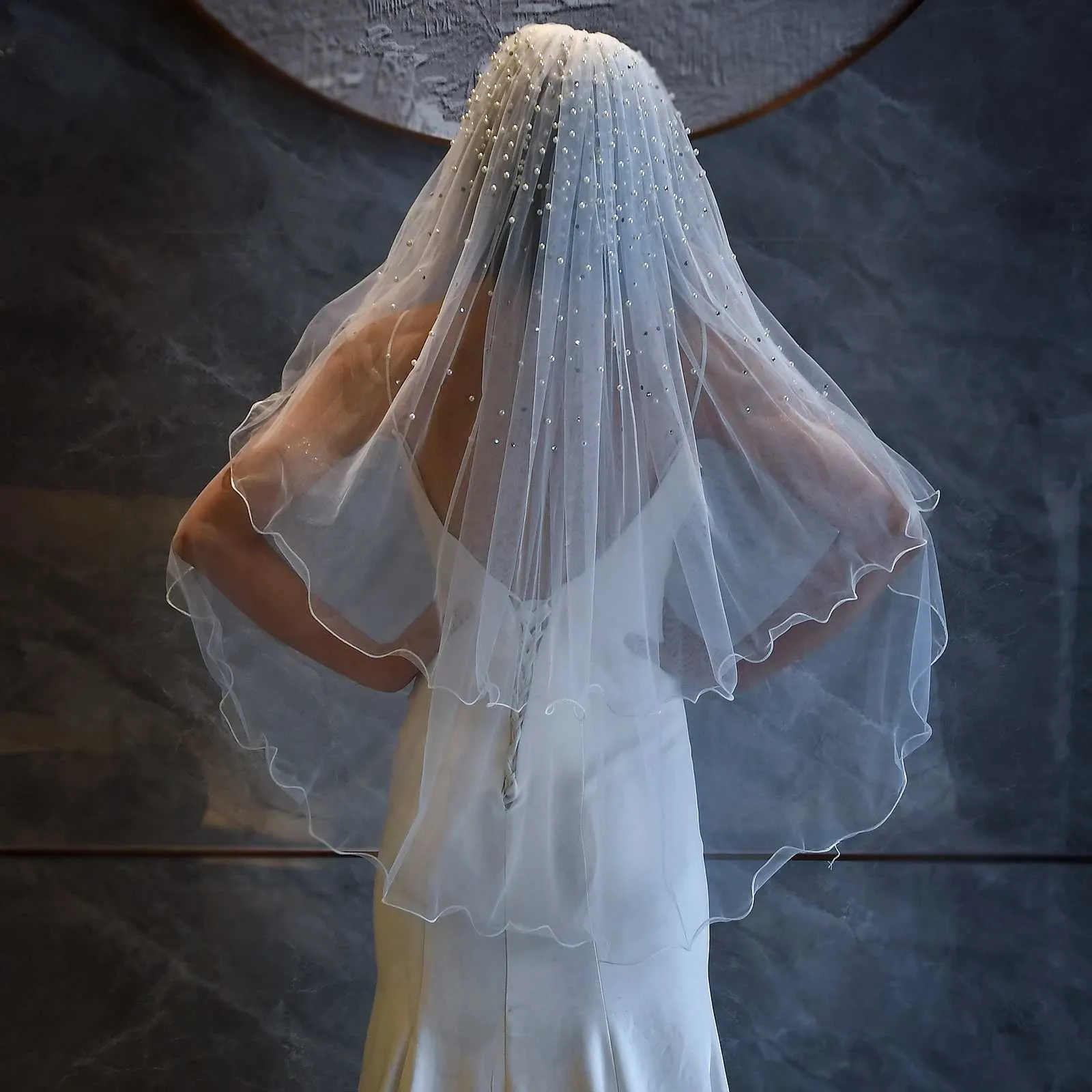 Gioielli per capelli MZA32 Velo a 2 strati con perle fard Veli da sposa lunghi fino al gomito con bordo a matita e morbidi accessori da sposa_voghion.com