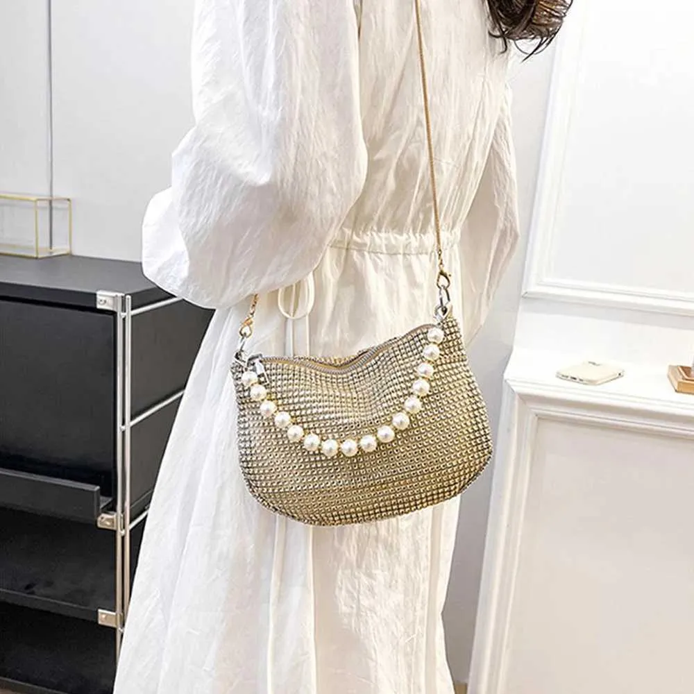Elegante borsa a mano con perle borsa a tracolla oro da sera_voghion.com