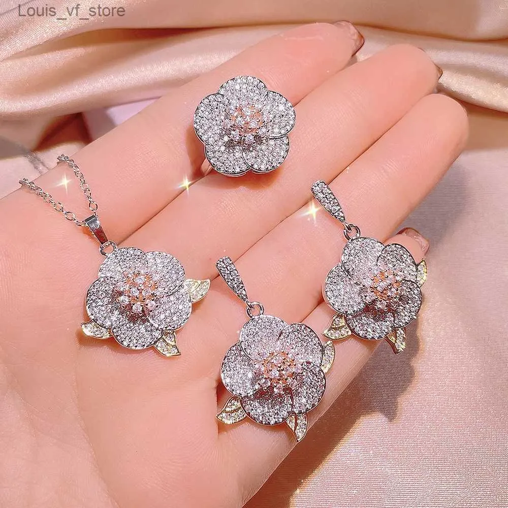 Ensembles de bijoux de mariage en argent sterling, bagues en diamant en grappe, type fleur pour femmes, trois pièces, cadeaux de fiançailles complets pour femmes_voghion.com