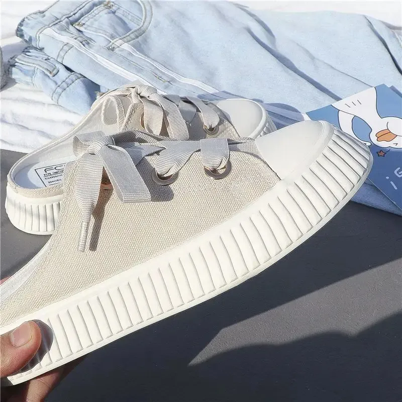 Sneakers estive da donna, pantofole e sandali da donna, ciabatte sportive con fiocco, scarpe alte, punta tonda, cotone, junior, bianco F_voghion.com