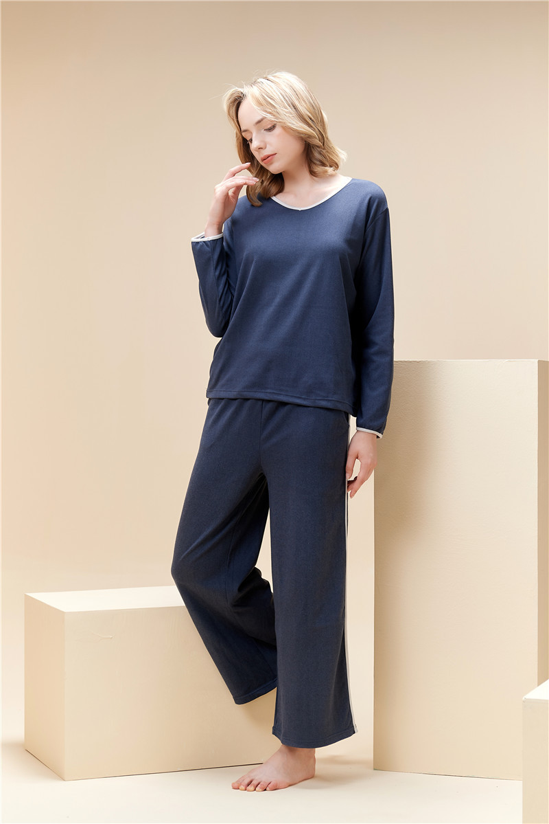 Fløjl pyjamas sæt til kvinder v-hals pullover hjemmetøj sæt_voghion.com