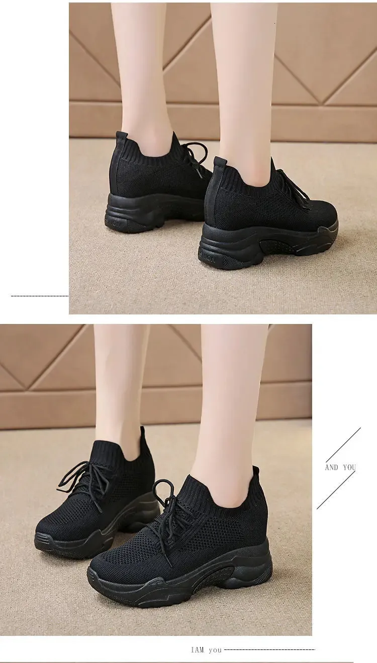 Scarpe da ginnastica casual con plateau in rete traspirante con tacco nascosto, bianche, da donna, nuove, con fondo spesso e rotondo_voghion.com