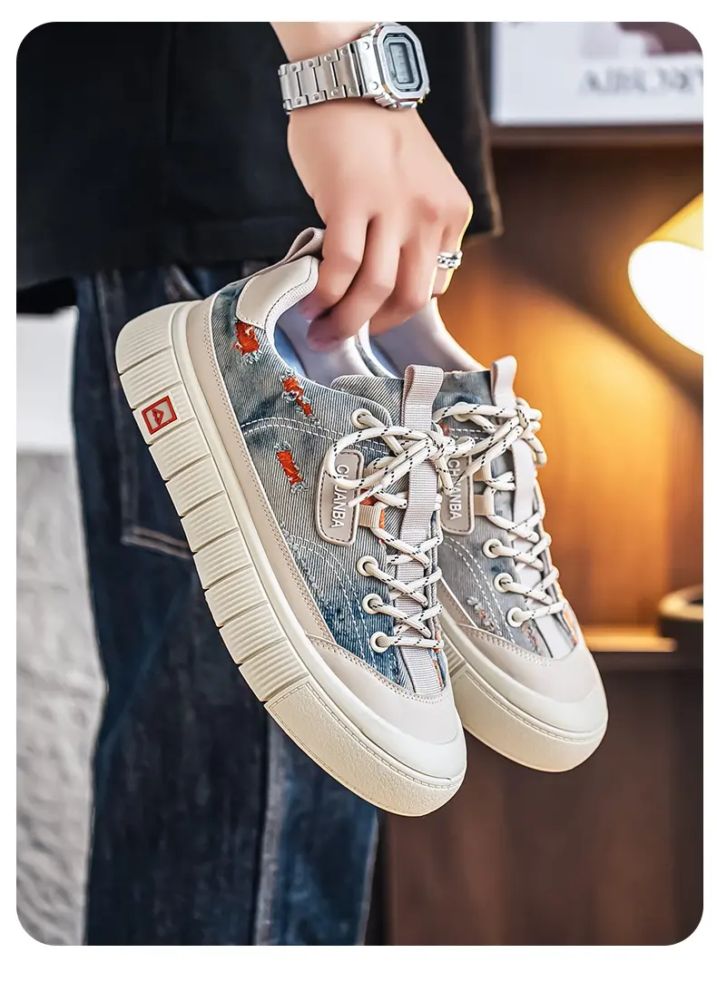 Washed Denim Board Shoes With Camouflage Print For Men_voghion.com