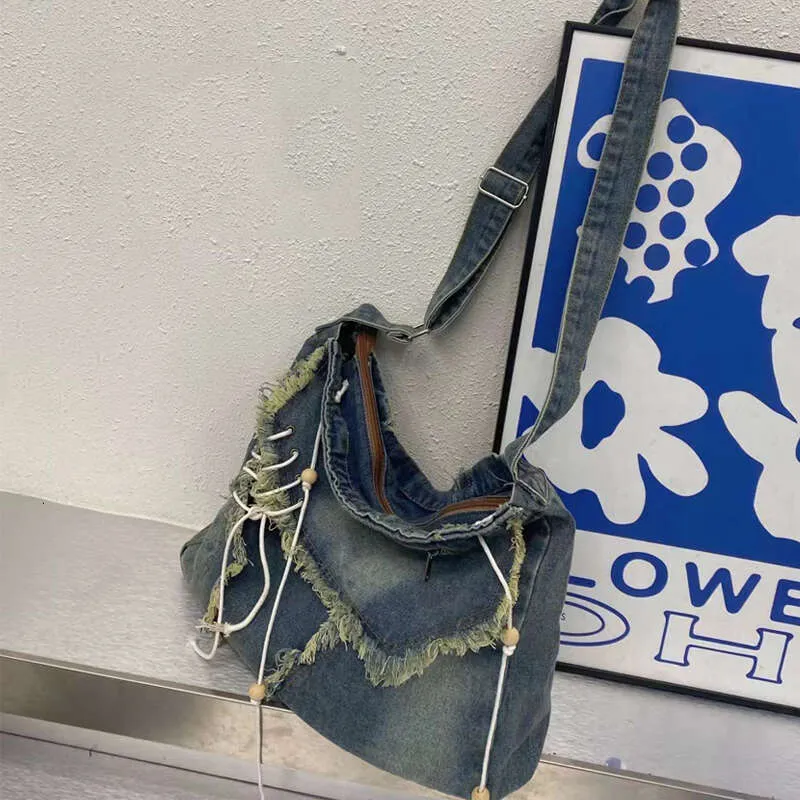 Sacs fourre-tout messager en denim vintage pour femmes, sacs à main et sacs à main de créateur 2023, nouveauté en bois, pompon perlé, grande bandoulière_voghion.com