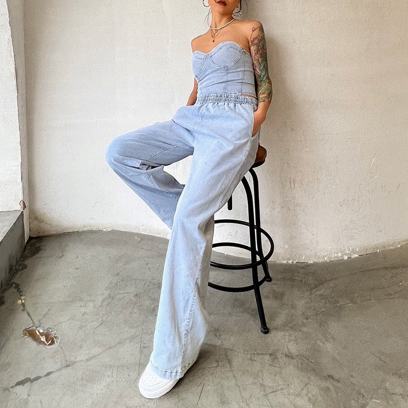 Abbigliamento da donna alla moda, senza maniche, casual, elasticizzato, in denim, due pezzi_voghion.com