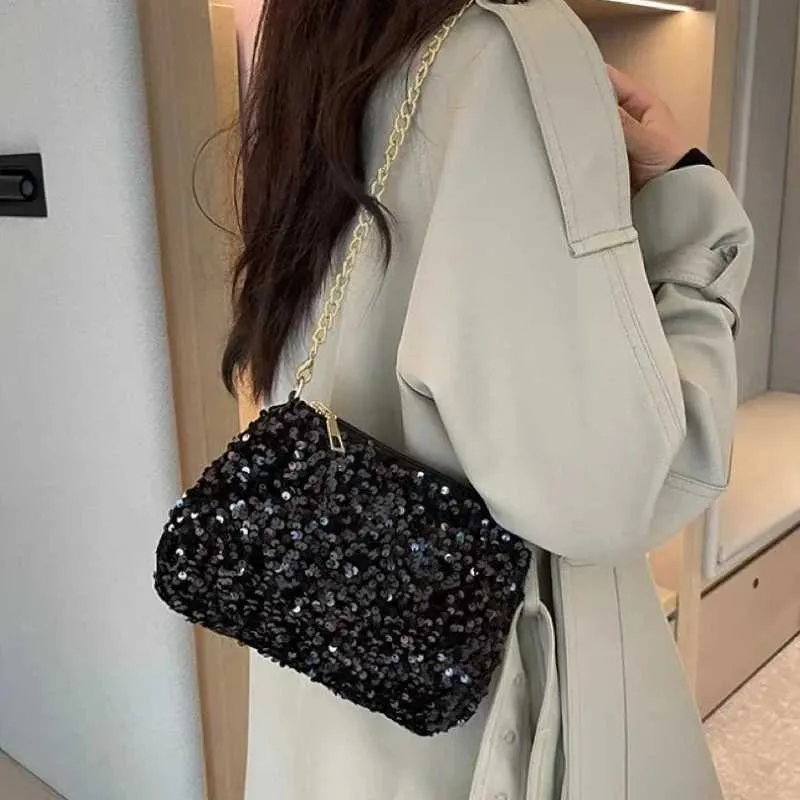 Sac à bandoulière à chaîne simple INS couleur unie paillettes sac à bandoulière portefeuille mobile sac à main de nuit Y241019_voghion.com