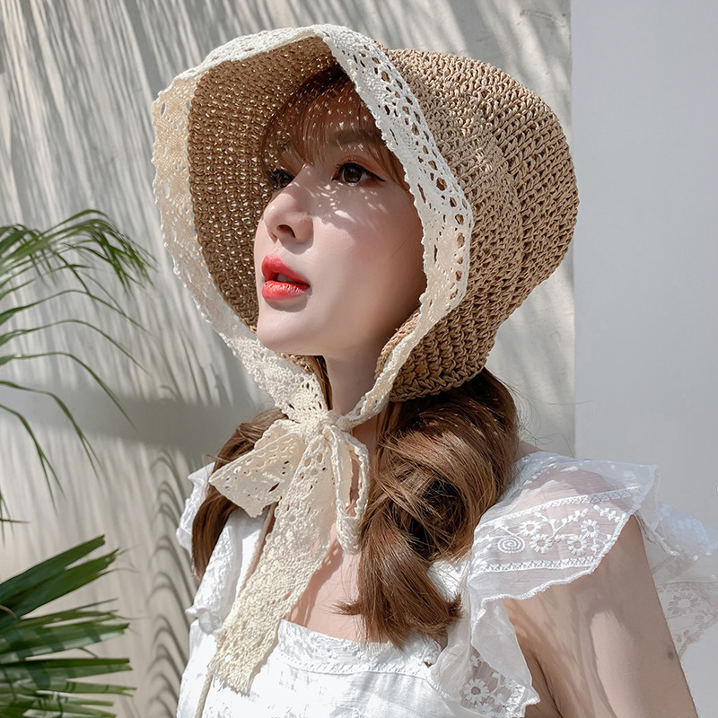Internet famous straw female summer lace tied hat, fresh refreshing beach vacation, sun protection and shading hat strap_voghion.com