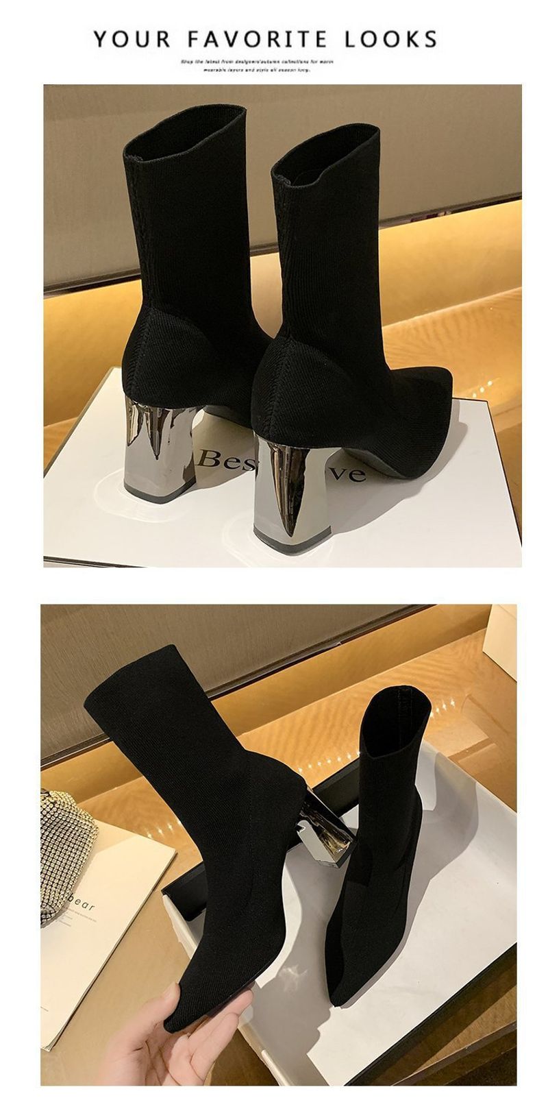2024 New Martin British style High Heel Sock Pointed Short Women's Spring Autumn Thick Heels Slim and Ankle Boots_voghion.com