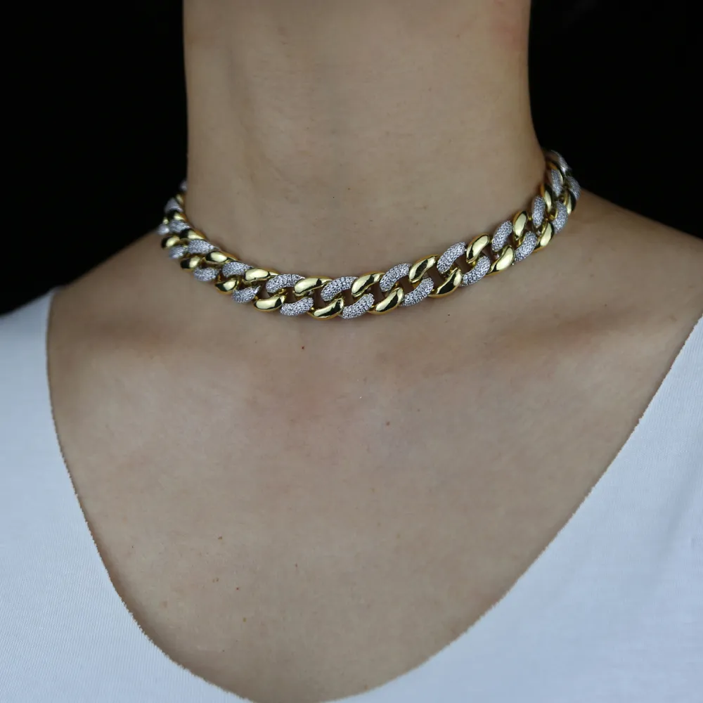Collana choker a catena cubana bicolore statement per donna_voghion.com