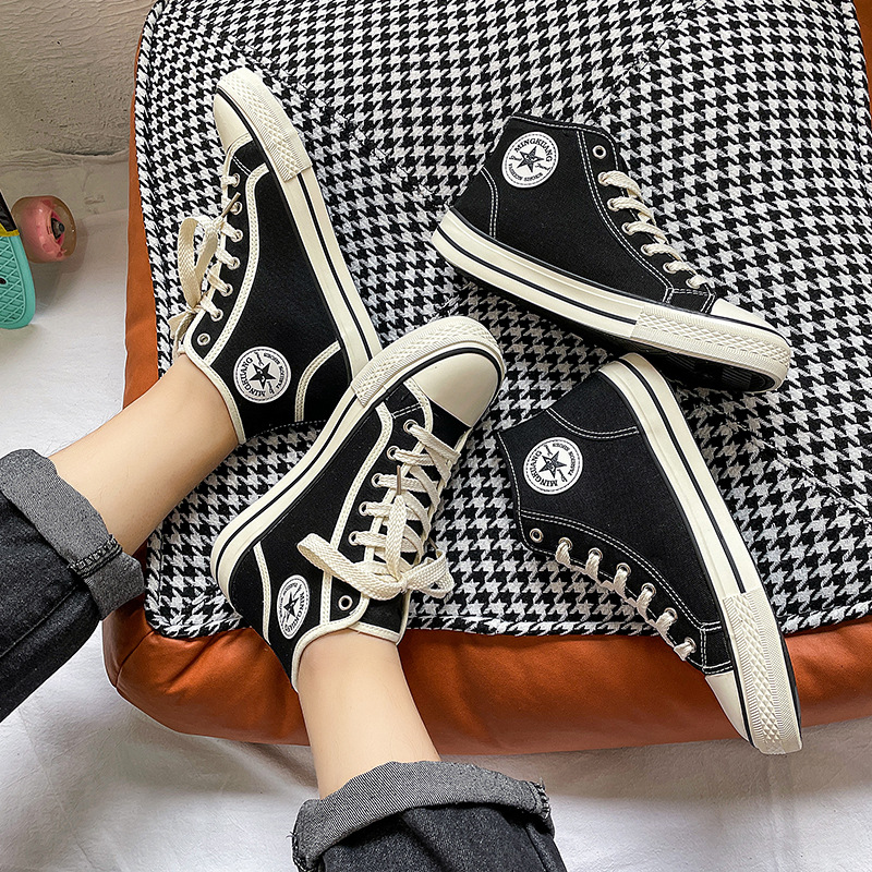 High top men's classic spring canvas student Korean vulcanized round toe casual board shoes, cloth shoes_voghion.com