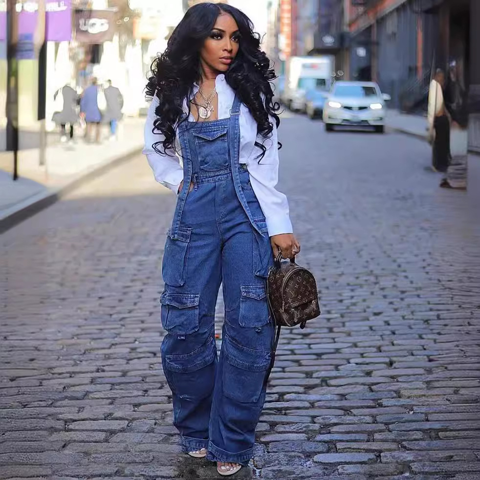 Women's Clothing Loose Denim Suspenders Fashion Multi Pocket Jumpsuit