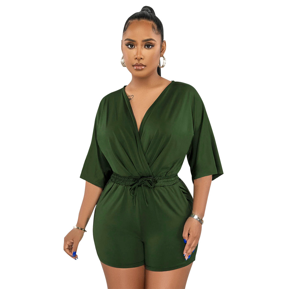 Women's V-neck Jumpsuit Solid Colour Waist Casual Short Romper_voghion.com
