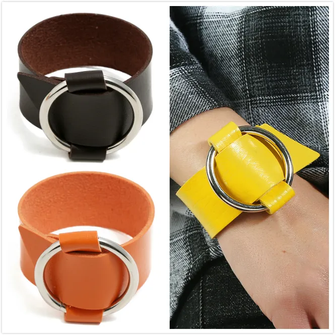 Round Buckle Charms Bangle Bracelets 5 Colors 2023 New Fashion Simple Design PU Leather Womens Bracelet Bangles Yelow_voghion.com